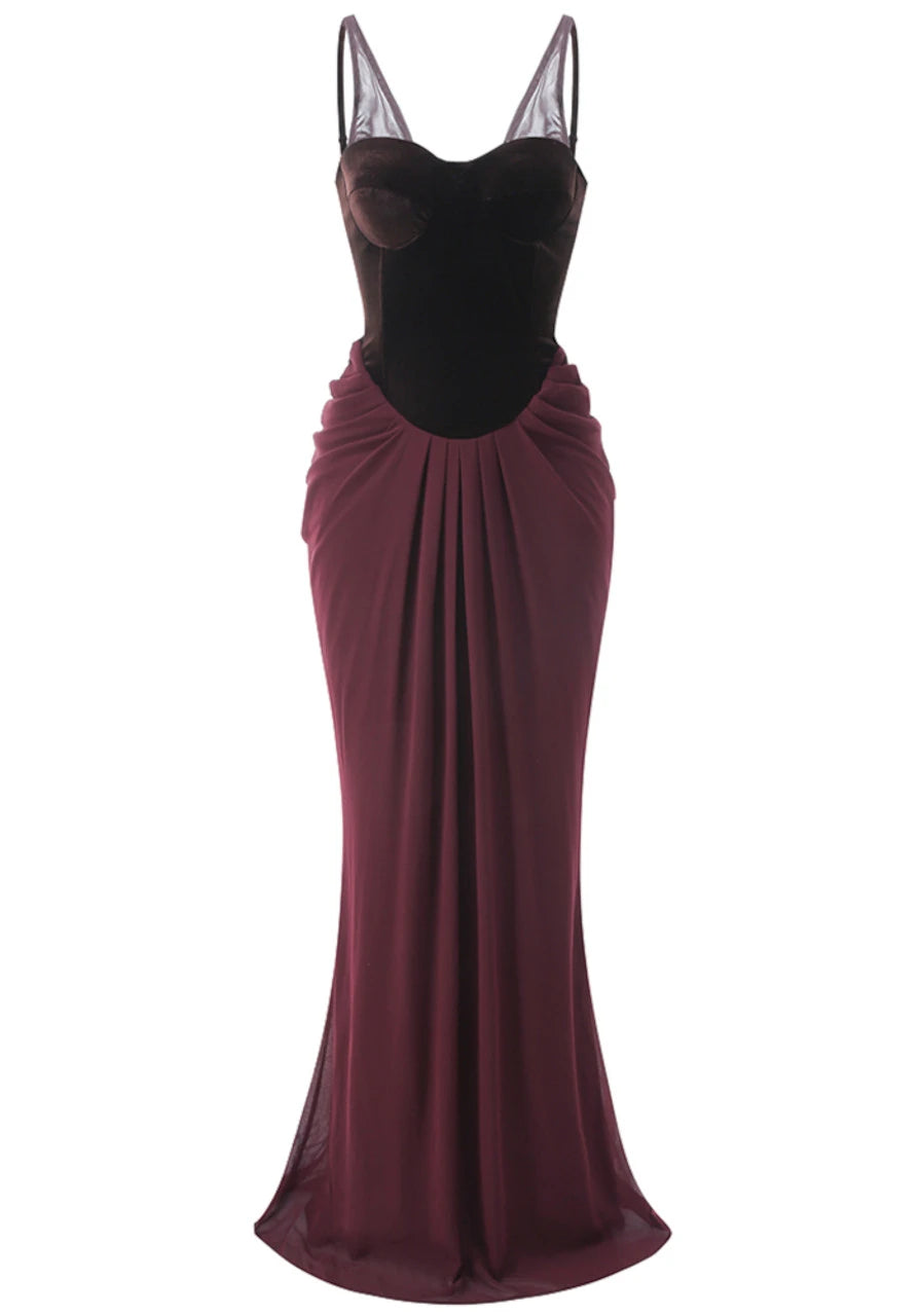 Vestido Weitese de terciopelo con bustier, vestido largo drapeado, marrón, sin mangas, tirantes regulares, vestido de fiesta de corte sirena/trompeta